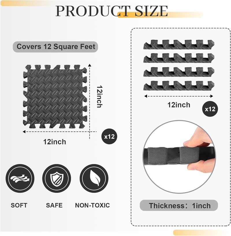 Arrowbash 12x12x1 Inch EVA Thick Interlocking Foam Floor Tiles Puzzle Exercise Mat Foam Mats for Home Gym Pets(Black,12) - Image 2